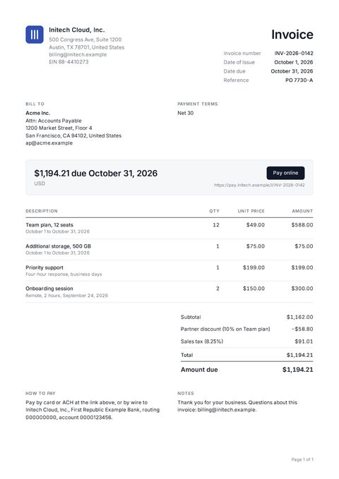Invoice INV-2026-0142 for Acme Inc., page 1 of 1