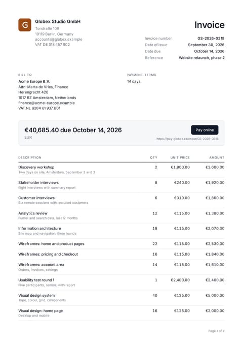 Invoice GS-2026-0318 for Acme Europe B.V., page 1 of 2